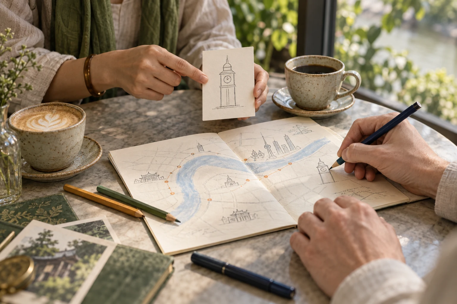 Illustrative scene of a Host demonstrating a simple landmark sketch over coffee