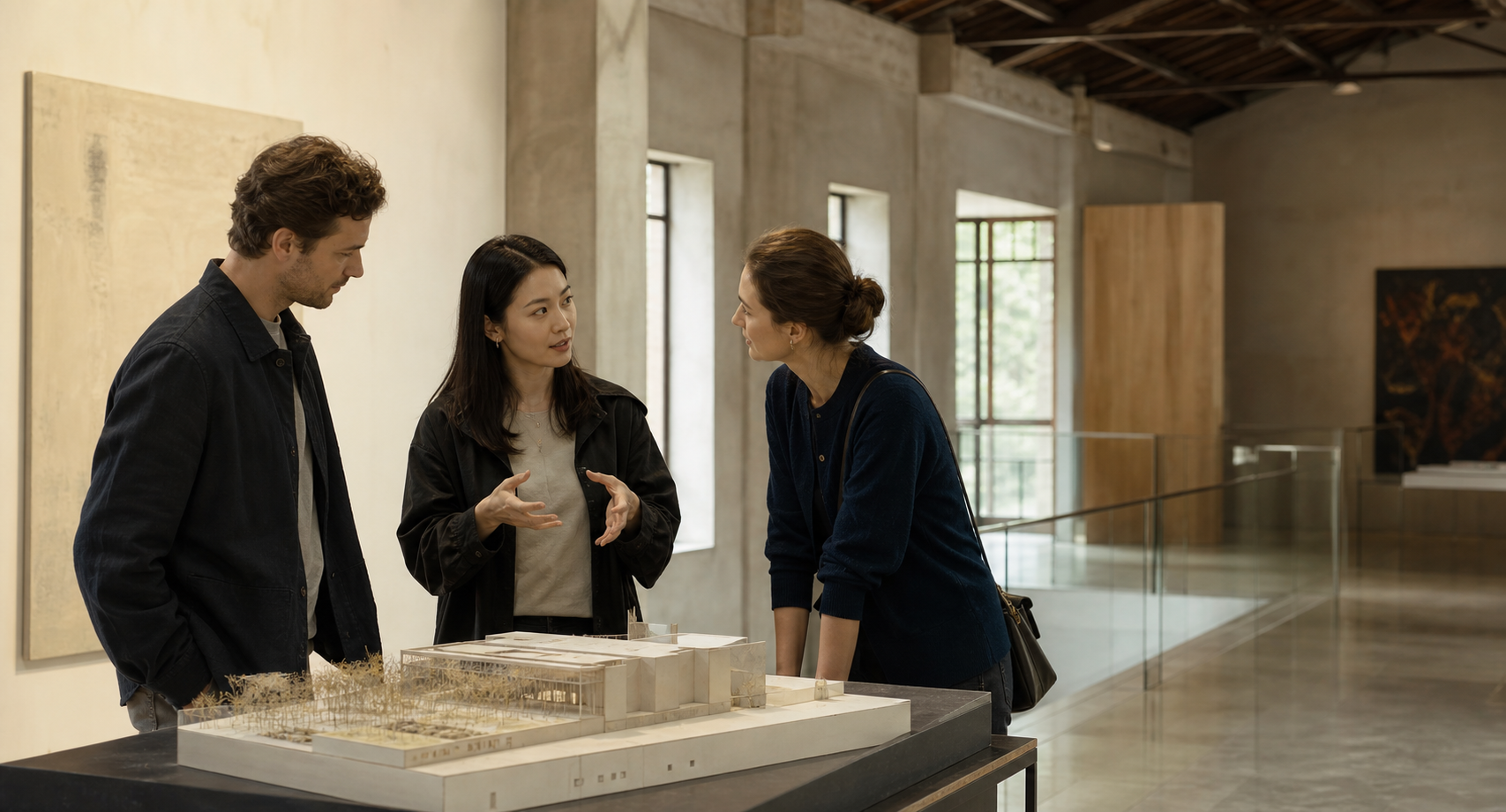 A Shanghai host sharing cultural context with international guests in a gallery