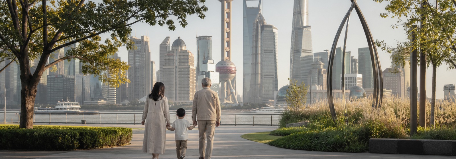 A family walking beside the Shanghai skyline