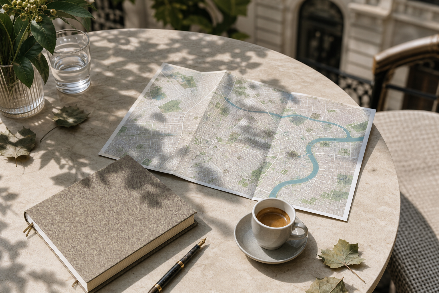 A Shanghai map, notebook and coffee prepared for itinerary planning