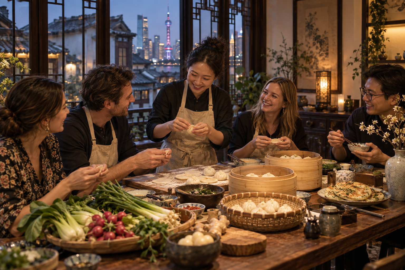 Guests and a local host sharing a meal in a Shanghai cooking studio