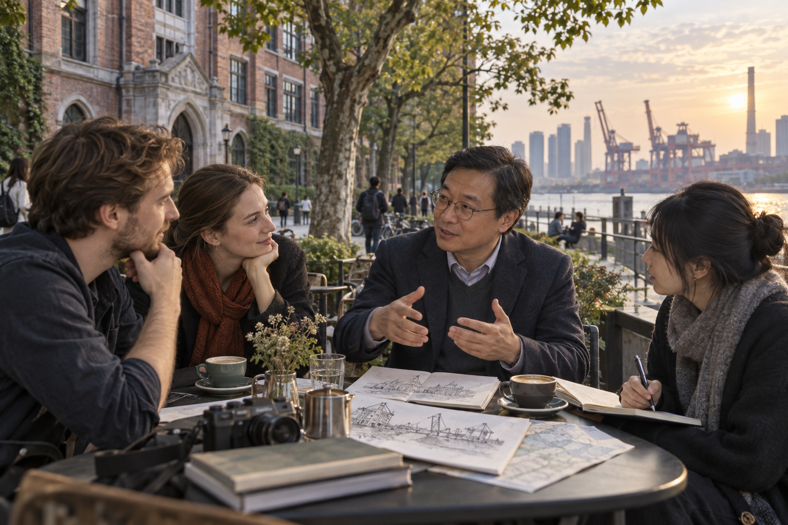 A small conversation between guests and a local academic host near a Shanghai campus