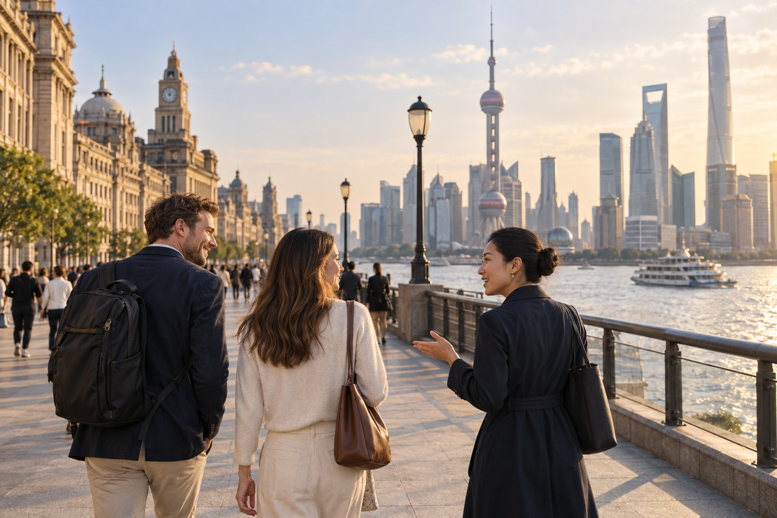 A bilingual local host walks beside international guests near the Bund with Lujiazui beyond