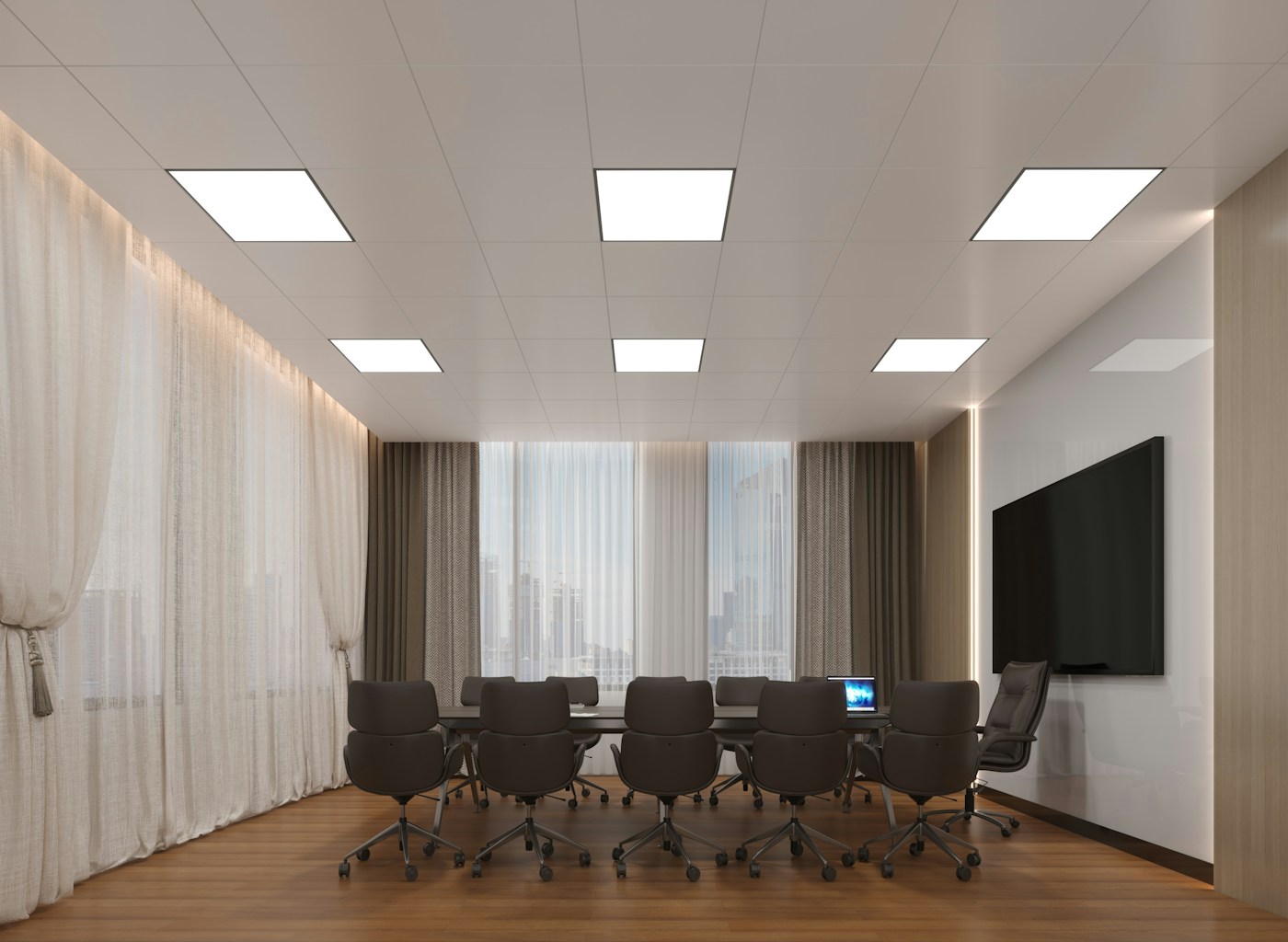 A contemporary meeting room with a long table and natural light
